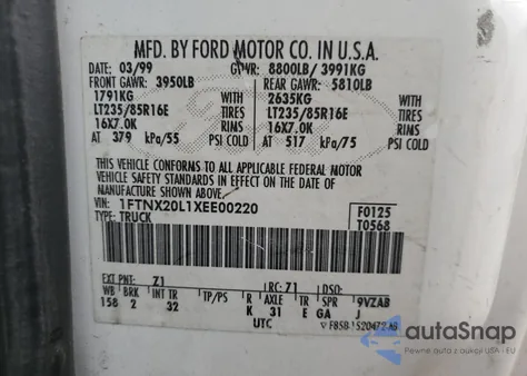 1999 Ford F250 Super Duty from USA, damaged, VIN 1FTNX20L1XEE00220